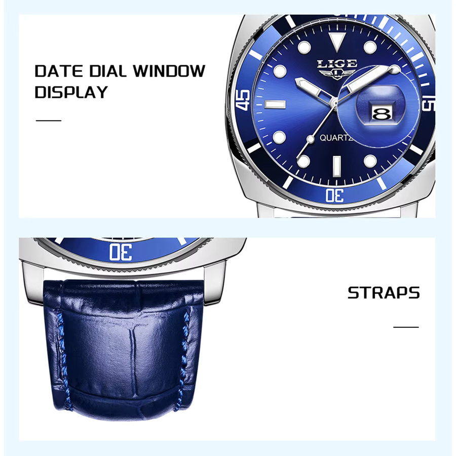 LIGE Armbanduhr Quarz, Leder, Blau, Herren - Bild 3