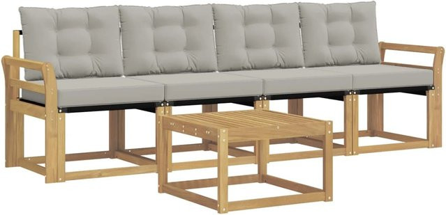 vidaXL Outdoor-Sofagarnitur 5-tlg. aus Akazienholz mit Kissen und Couchtisch in Weiß und Grau - Bild 1