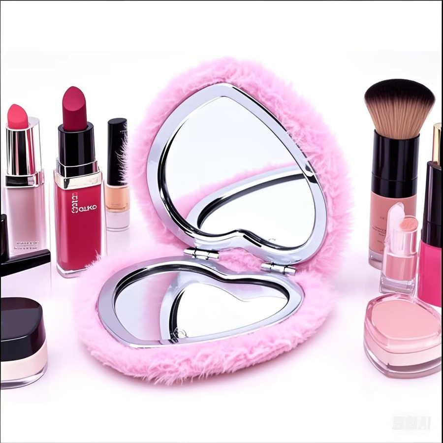 Tragbarer Herz Form Plüsch Make-up Spiegel mit doppelseitiger Ansicht in Pink oder Gelb - Bild 2