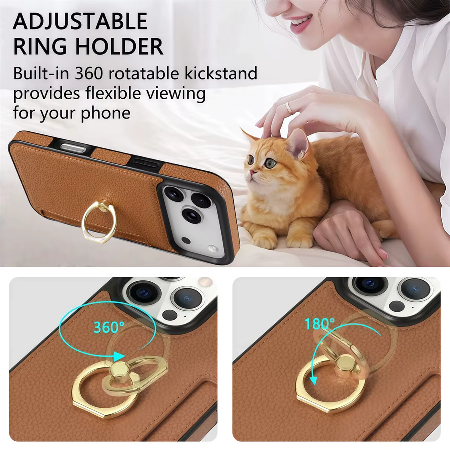 Leder Brieftasche und Kartenetui mit Ringhalter als Schutzhülle für iPhone 11 bis iPhone 17 Pro Max in Orange und Braun - Bild 2