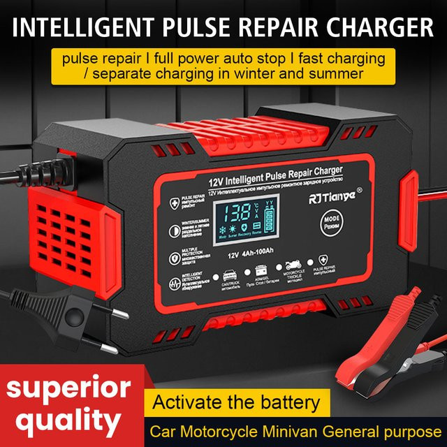 Vollautomatisches 12V 6A Autobatterie-Ladegerät für Auto und Motorrad mit Puls-Reparaturfunktion für Blei-Säure, AGM und Gel Batterien in Rot - Bild 1