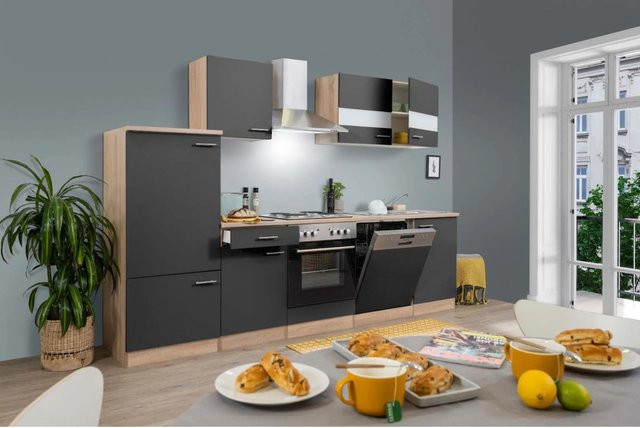 Respekta Küchenzeile LBKB280ESG modern in Grau-Eiche Sonoma Sägerau mit Soft-Close-Glasfronten, Breite: 280 cm, Tiefe: 60 cm, Höhe: 200 cm - Bild 1