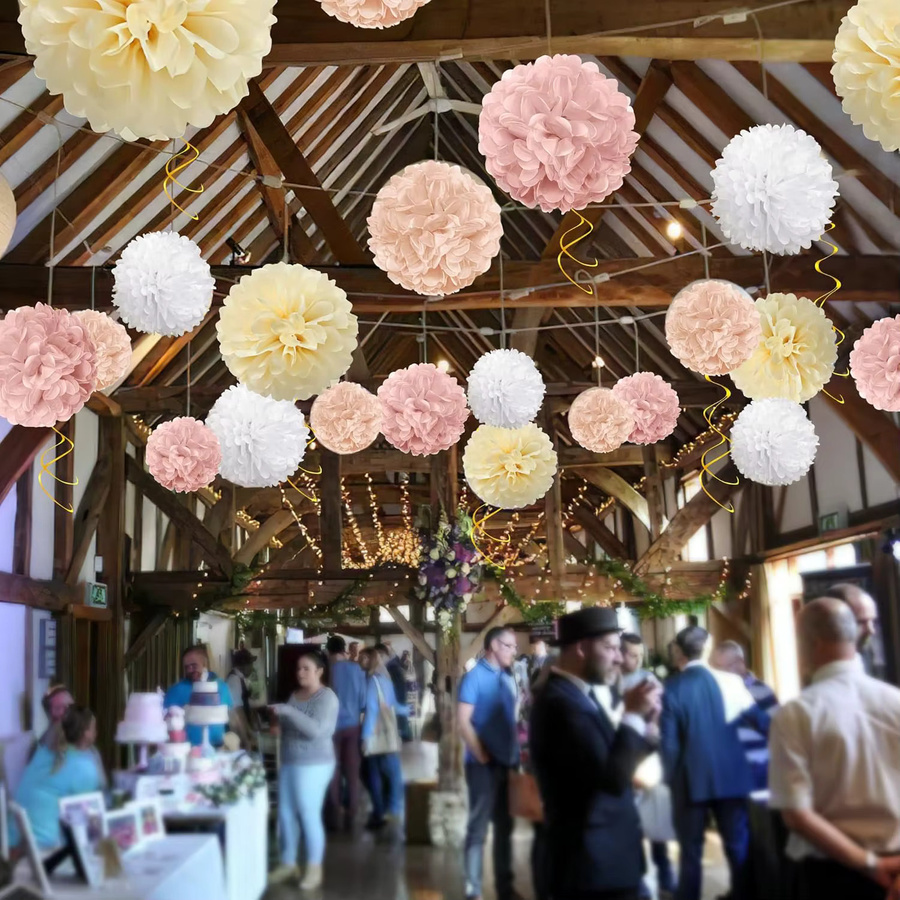 23-teiliges Party-Dekorationsset aus Seidenpapier mit Pompons, Kreis-Punkt-Banner und hängenden Wirbeln in Beige, Pink und Weiß für Hochzeit, Geburtstag oder Babyparty - Bild 3