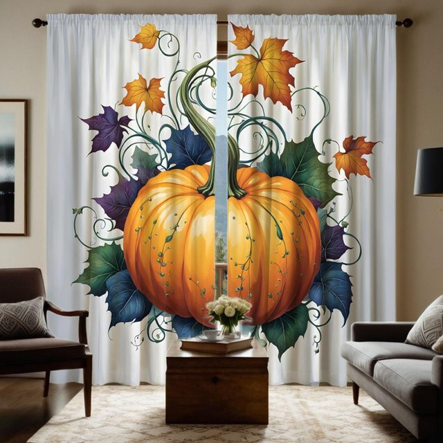 2er Set Dekorationsvorhänge mit Erntedankfest-Motiv Blatt und Kürbis in Gelb und Orange, B: 132 cm, H: 160 cm - Bild 1