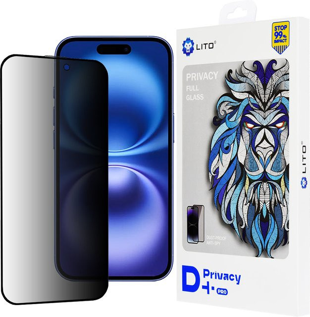 Lito D+ Pro Privacy-Schutzfolie aus gehärtetem Glas für Apple iPhone 16 in Schwarz und Transparent - Bild 1