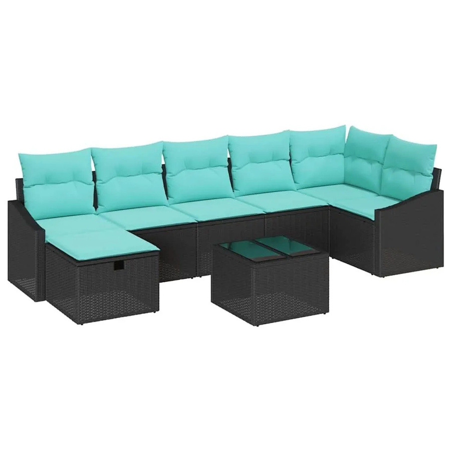 vidaXL 8-teiliges Gartenmöbel-Set aus Poly-Rattan in Schwarz-Blau mit L-Form, Ecksofa, Mittelsitzen, Armlehnenstühlen, Hocker, Gartentisch und Kissen inklusive Stauraum - Bild 2