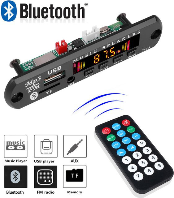 Kebidumei Bluetooth 5.0 Car Kit Audio Modul in Schwarz mit USB, AUX, TF und Radio für 9V bis 12V DC, MP3 WMA Decoder Board für verlustfreie Musikwiedergabe im Auto - Bild 1
