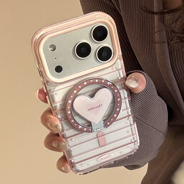Potdemiel Handyhülle mit koreanischem Streifenmuster, Sternen und Herz-Magnethalterung für iPhone 17 16 15 14 13 12 Pro Max, transparent und stoßfest - Bild 1