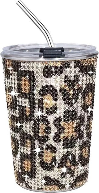 Glitzer-Edelstahl-Wasserflasche mit Strohhalm von FURUN im Leopard-Print, 500 ml, Multicolour - Bild 1