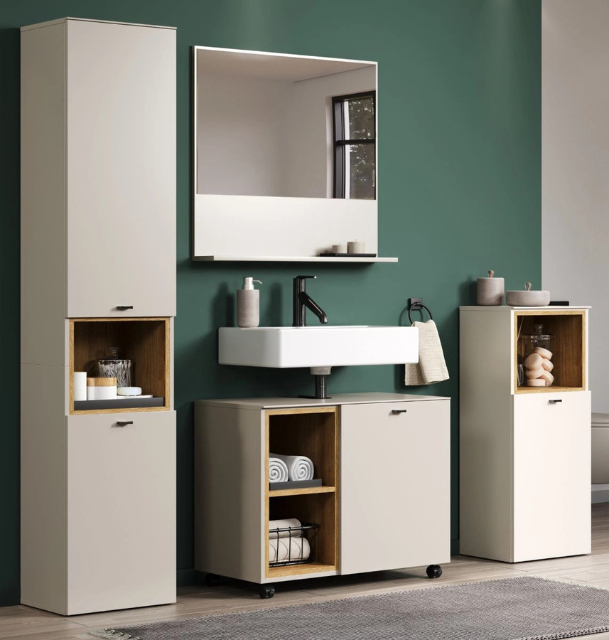 4-teiliges Badmöbel Set Jardins in Sand und Eiche mit Waschtischunterschrank, Spiegelschrank, Hochschrank und Seitenschrank, modern und matt - Bild 1