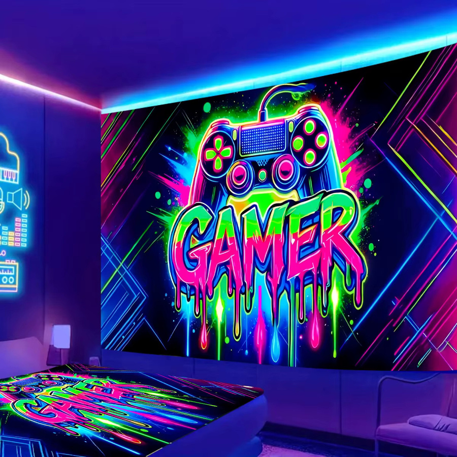 VIKAMA Gaming Neon Wandteppich Griff Dazzle Multicolor Wanddekoration für dein Gaming Zimmer und Live-Streaming Hintergrund - Bild 1