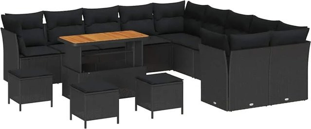 vidaXL Garten-Sofa-Set 14-teilig in Schwarz aus Poly-Rattan und Akazienholz mit Polsterung und Tisch in U-Form - Bild 1