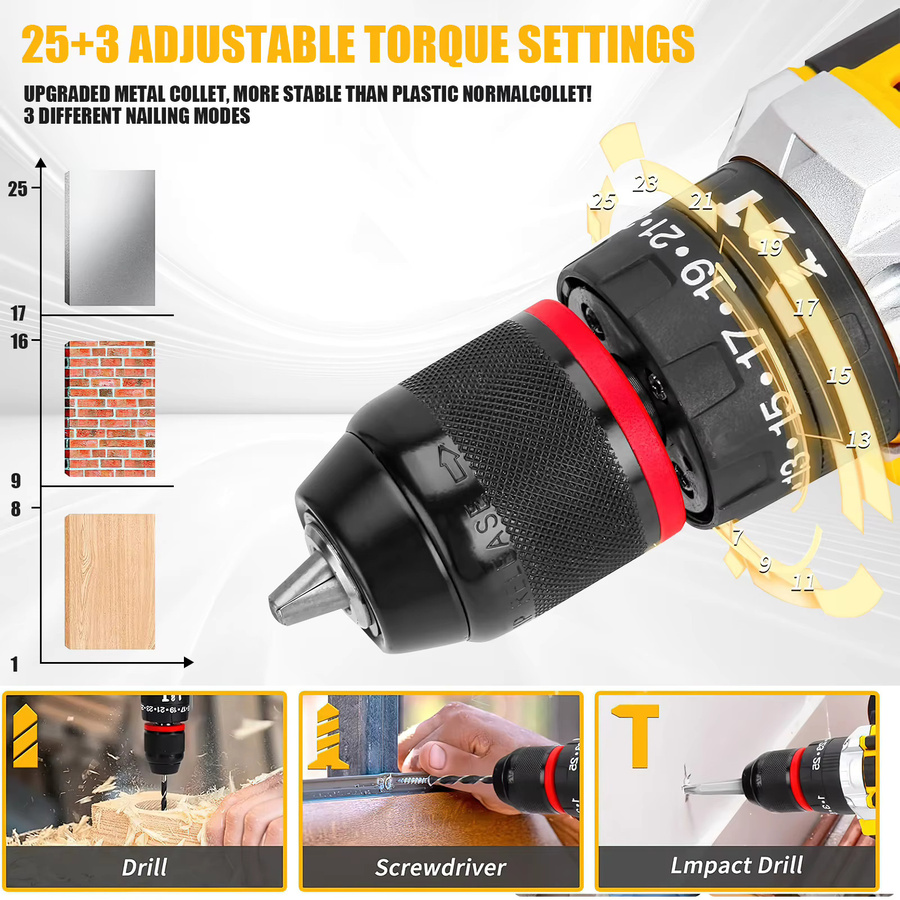 TKKEACE Akku-Schlagbohrmaschine Set in Gelb mit 120-teiligem Zubehör, kabelloser Bohrhammer mit 400W Leistung, 45Nm Drehmoment und 1800RPM, 2-Gang Elektrowerkzeug - Bild 3