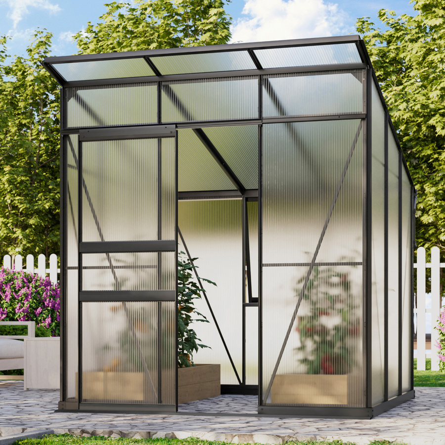 Vitavia Gewächshaus Fokus 4450 mit Pultdach und Schiebetür, schwarz, 3,7 m², Polycarbonat-Platten und Stahlfundamentrahmen - Bild 2