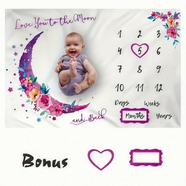 VIKAMA Baby Fotografie-Decke mit Blumen-Mond-Design in Lila und Multicolour für Neugeborene und Taufe - Bild 1