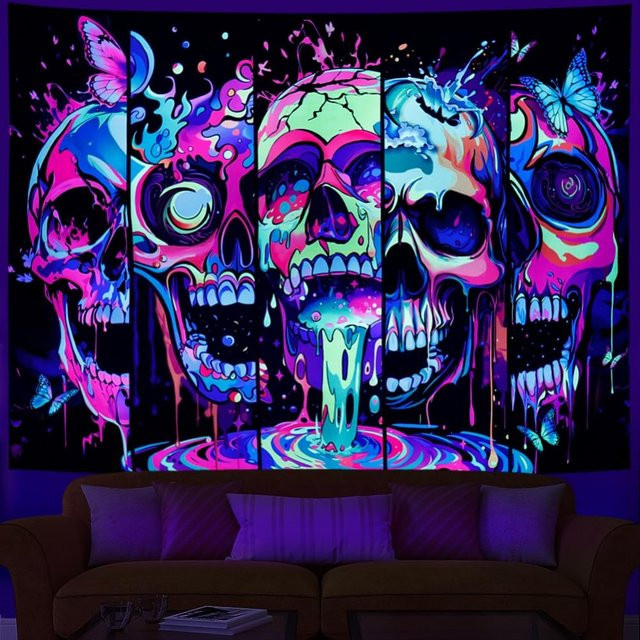 VIKAMA Wandteppich Neon-Totenkopf mit Schmetterling im Splash-Tinte-Kunststil, Multicolor - Bild 1