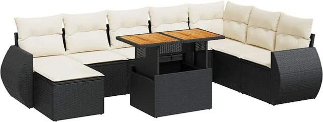 vidaXL 9-teilige Garten-Sofagarnitur aus Poly-Rattan und Akazienholz in Schwarz-Creme mit Kissen - Bild 1