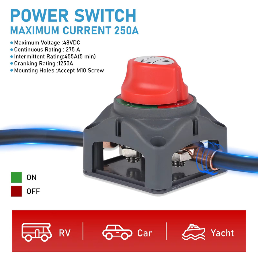 MINESPEED Wasserdichter Batterie-Trennschalter IP65 mit Anschluss für 12 V–48 V, 2 Positionen für LKW, Boot, Yacht, Wohnwagen und Motorrad - Bild 5