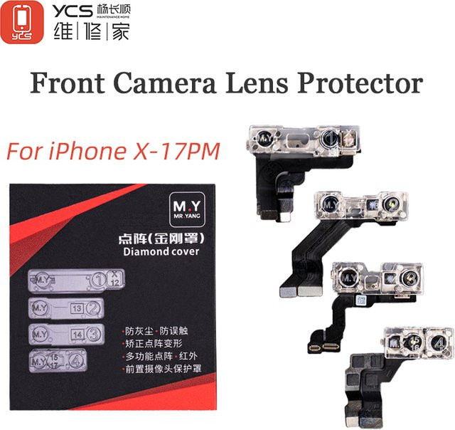 YCS M.Y iPhone Frontkamera-Objektivschutz mit Diamantabdeckung und Punktmatrix in Transparent für iPhone X bis iPhone 17 Pro Max inklusive 4-teiligem Reparaturwerkzeug - Bild 1