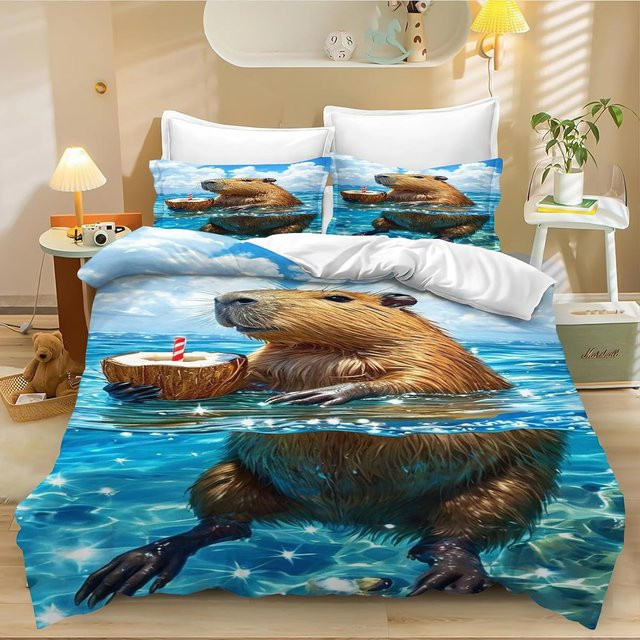 JMG Household Supplies Capybara Bettwäsche Set für Kinder mit Bettbezug und Kissenbezug, Grün und Braun, B/T: 140 x 200 cm - Bild 1