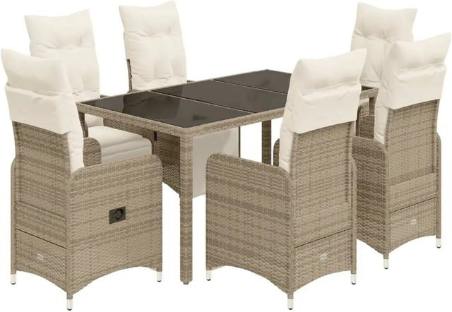 vidaXL 7-tlg Garten-Bistro-Set aus braunem PE-Rattan mit Kissen und Hartglas-Tisch - Bild 1