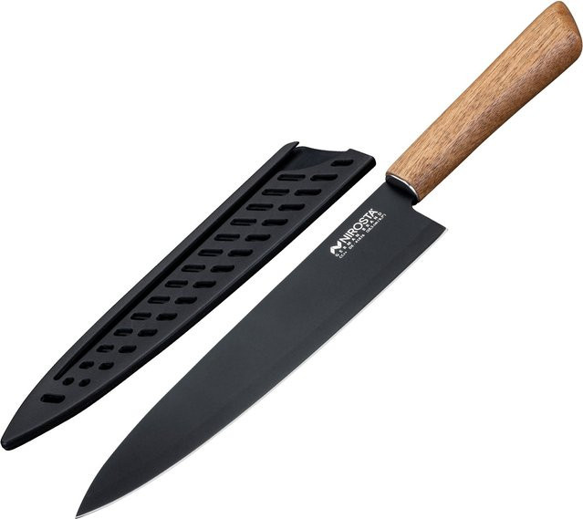 Nirosta Kochmesser Flow Chef Knife aus Edelstahl mit Holzgriff und Schutzhülle in Schwarz und Braun - Bild 1