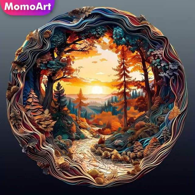 Momoart Diamant Mosaik DIY Set Baum Landschaft Sonnenuntergang Wanddekoration für Erwachsene und Anfänger in Multicolour - Bild 1