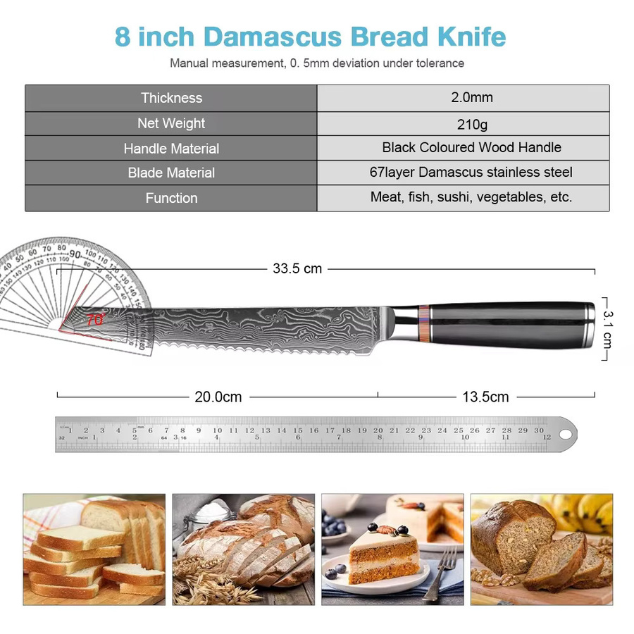 Xituo Brotmesser aus Damaststahl mit Holzgriff, 20,32 cm - Bild 2