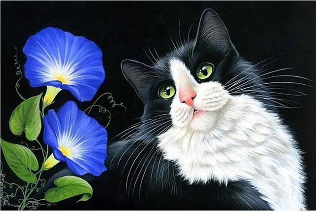 FIYO DIY 5D Diamantmalerei Katze mit Blumen Mosaik Stickset, Farbe: Schwarz und Mehrfarbig, Breite: 20 cm, Höhe: 30 cm - Bild 1