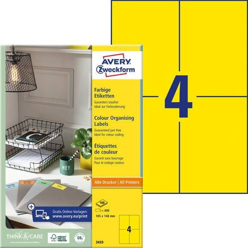 Avery Zweckform Universal-Etiketten 3459, Gelb, Papier, B: 105 mm, H: 148 mm, 100 Stück - Bild 1