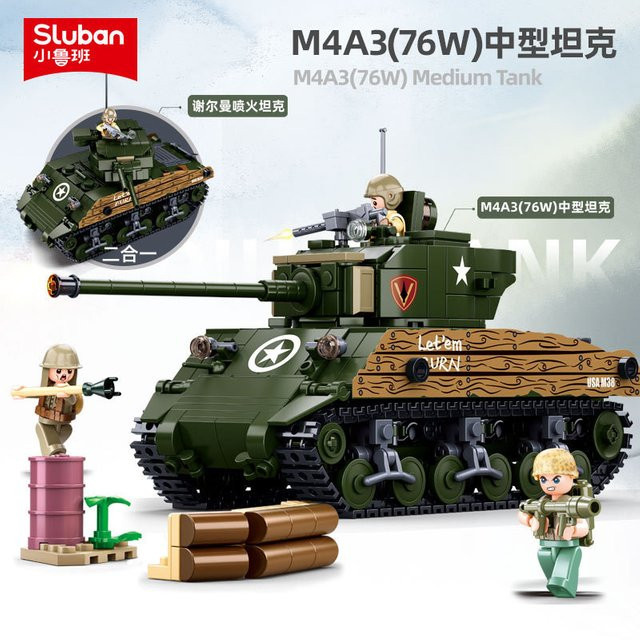 SLUBAN Armee Sherman M4A3 76W Medium Tank Modell, Baustein, 715 Teile - Bild 1