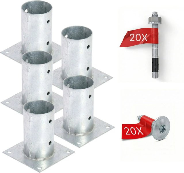HOLLMAX Pfostenträger Set aus verzinktem Stahl, 5 Stück Aufschraubhülsen für Rundholzpfosten, Farbe Silber, 80 mm - Bild 1