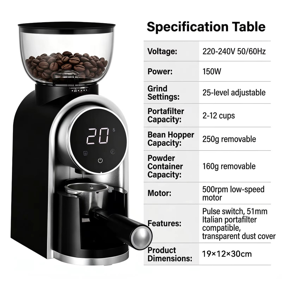 Podofo Elektro-Kaffeemühle mit Touchscreen, Schwarz, 25 Mahlstufen, 250g Bohnenbehälter und 160g Pulverbehälter - Bild 4