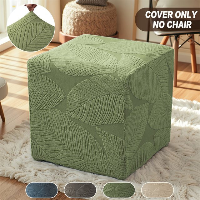 WANERQU Jacquard Ottoman Hockerbezug mit floralem Muster in Grün, dehnbarer quadratischer Fußhockerbezug - Bild 1