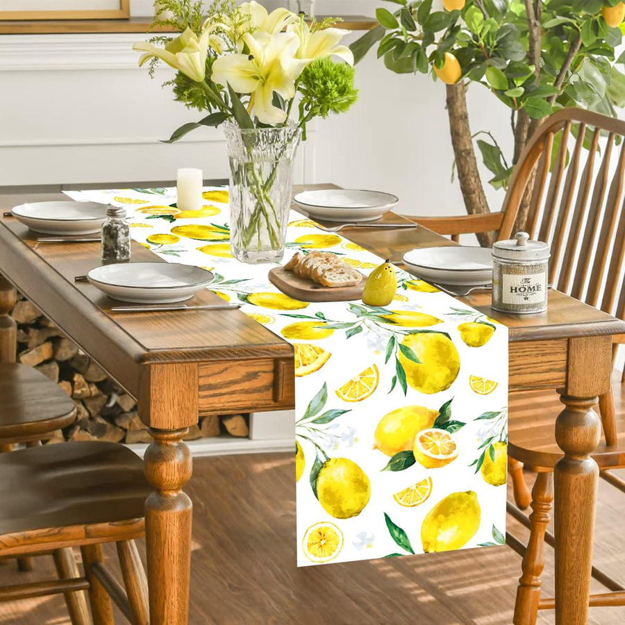 MK Home Tischläufer Sommer Zitrone mit floralem Blätter-Design aus Leinen, Mehrfarbig, Breite: 35 cm, Länge: 180 cm - Bild 2