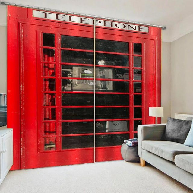 Moderne London Vorhänge mit Retro Telefonzellen-Print, 2er-Set, Rot, B: 75 cm, H: 166 cm - Bild 1