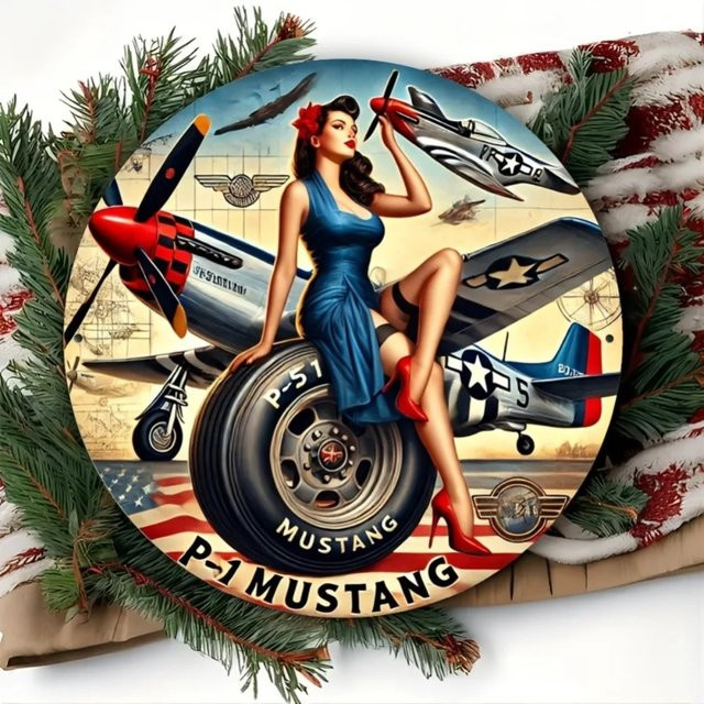 CIFBUY P-51 Mustang Rundes Aluminiumschild im Retro-Design, Mehrfarbig, Durchmesser: 20 cm - Bild 1
