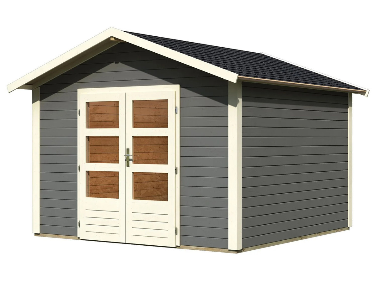 KARIBU Carlos Satteldach Gartenhaus aus Fichtenholz inklusive Boden und Schindeln, terragrau, B: 304 cm, H: 238 cm, T: 304 cm - Bild 3