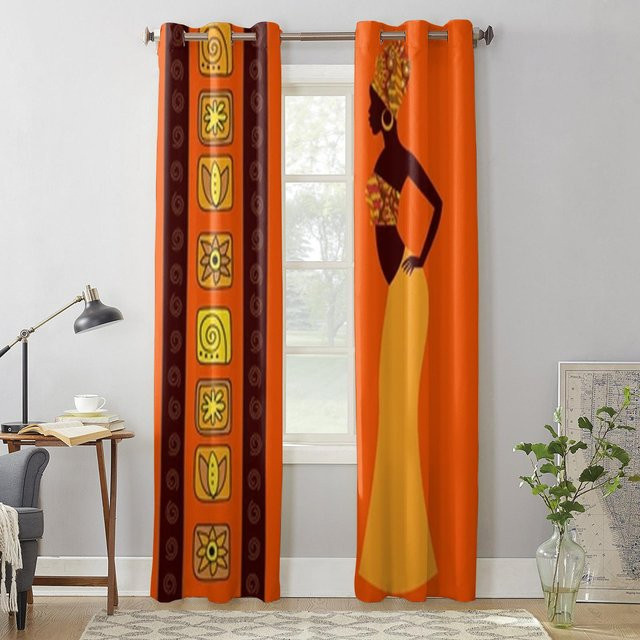 Binchi Outdoor Equipment Vorhang mit afrikanischem Frauen-Motiv in Orange, halbtransparentes Stoff-Fensterdekoration für Wohnzimmer und Küche, Breite: 135 cm, Höhe: 60 cm - Bild 1