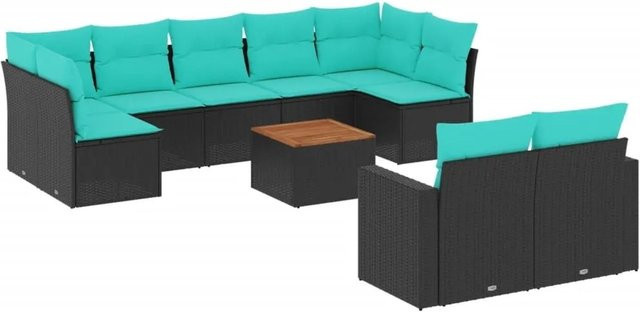 vidaXL 10-teilige Garten-Sofagarnitur aus Poly-Rattan und Akazienholz in Schwarz mit blauen Kissen - Bild 1