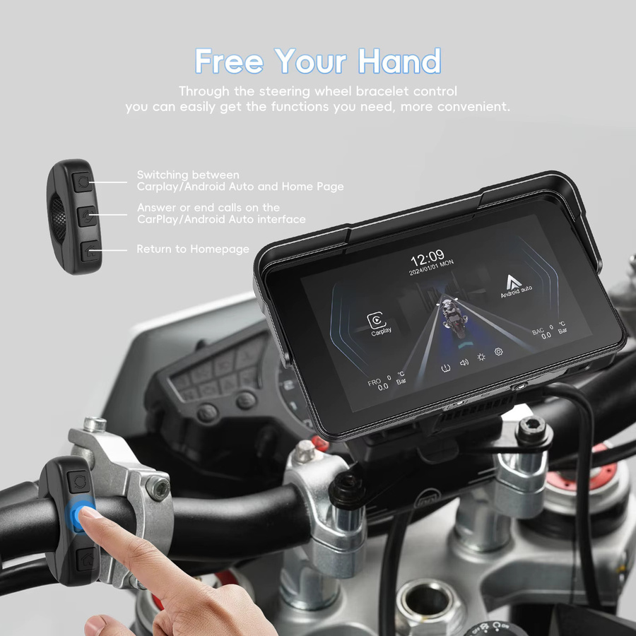 Podofo 5-Zoll Motorrad-Monitor mit kabellosem CarPlay und Android Auto, IP68 wasserdicht, GPS und Bluetooth, Farbe: Schwarz - Bild 6