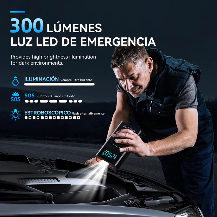 BSMOOM Auto-Starthilfe-Powerbank mit 150PSI Luftpumpe und 3-Modus-LED-Taschenlampe, 1500A Notfall-Starter für 12V Autobatterien, Schwarz - Bild 4