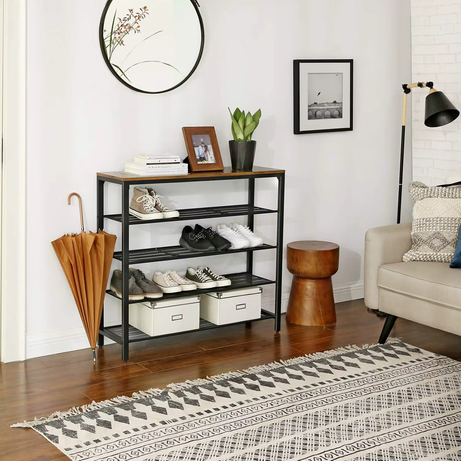 VASAGLE Schuhschrank im Industrial Design mit Metallgestell und Holzregalen, Farbe Braun - Bild 2