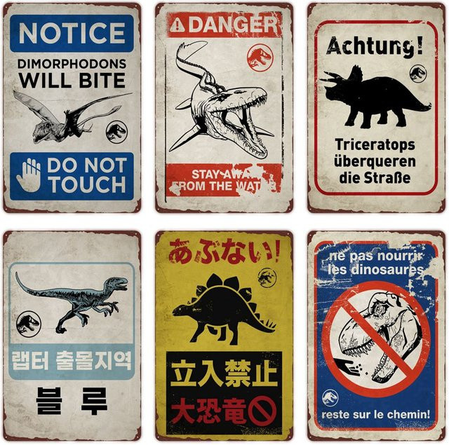 Potdemiel Vintage Metallblechschild Vorsicht vor Dinosauriern Triceratops Wanddekoration Mehrfarbig B: 30,0 cm, H: 20,0 cm, T: 1,0 cm - Bild 1