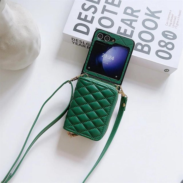 Samsung Galaxy Z Flip 6 5 4 3 Crossbody Geldbörse mit Kartenhalter und Handyhülle aus Leder in Grau - Bild 1