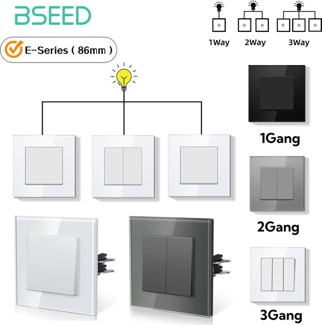 BSEED E-Serie Lichtschalter mit Kristallglas-Panel, 1-fach 2-fach oder 3-fach Ausführung, 1-Weg oder 2-Weg, 10A, Farben: Schwarz, Weiß oder Gold - Bild 1