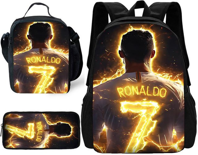 Potdemiel Schulrucksack Set mit Lunchtasche und Federmäppchen im Fußballstar Design für Jungen und Mädchen, Schwarz - Bild 1