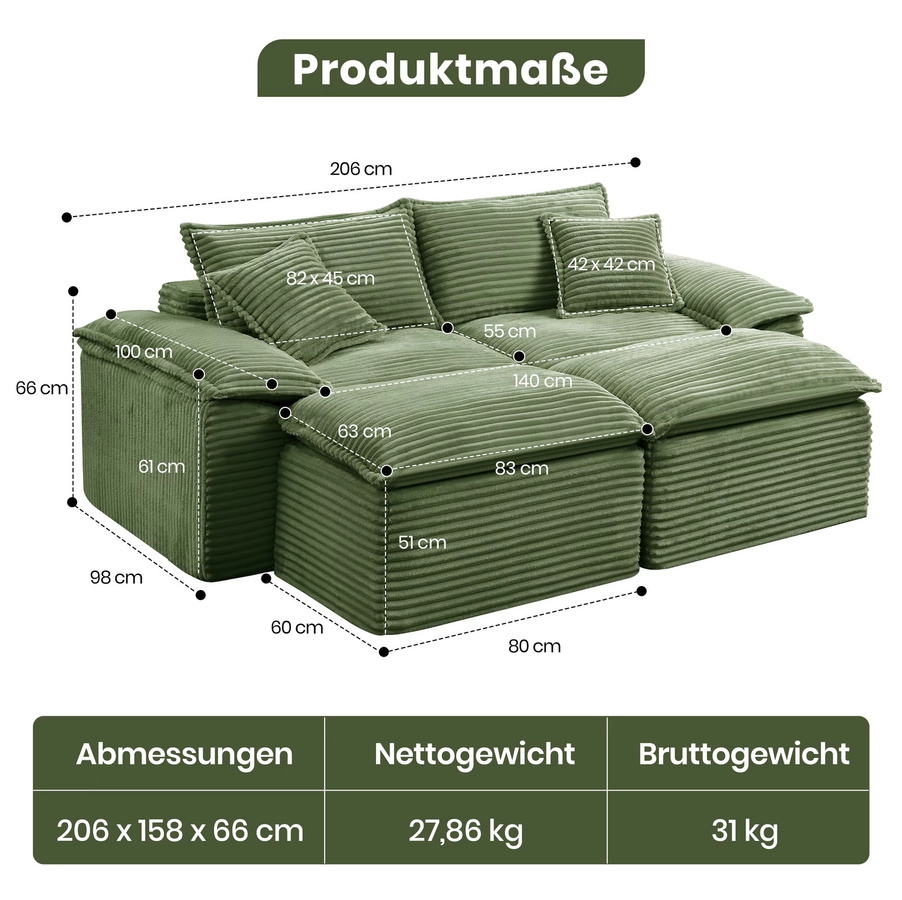 Vankel Modulares Cord-Ecksofa in Olivgrün mit passendem Ottoman und Memory-Schaum-Polsterung - Bild 6