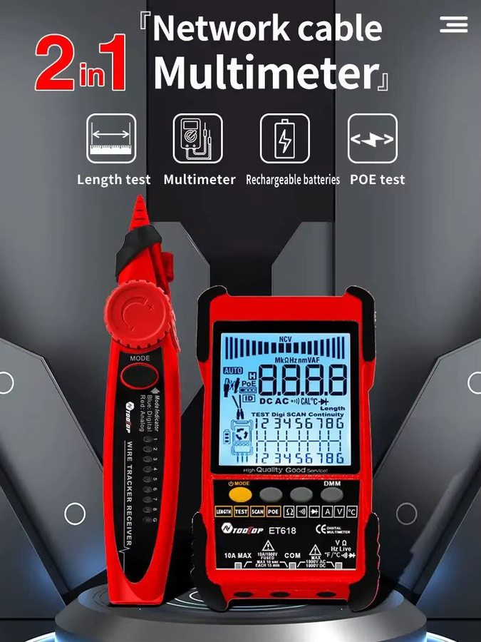 TOOLTOP ET616 ET618 Netzwerkkabel-Tester Multimeter mit Längenmessung, LAN-Kabel-Tracking, POE-Test und RJ45 Leitungsfinder in Rot - Bild 6