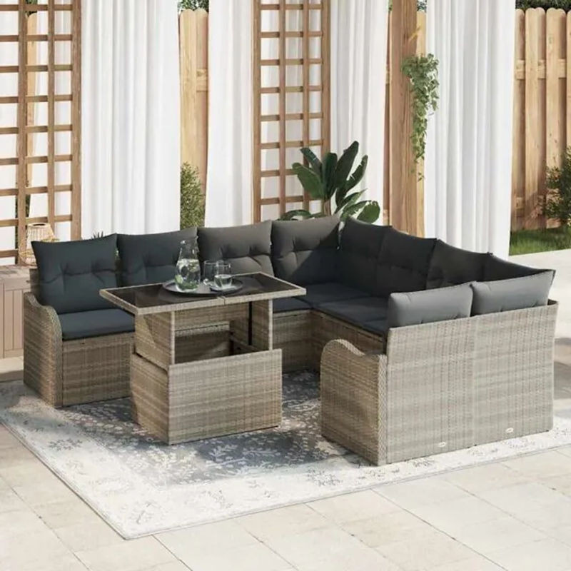Vidaxl Garten-Sofa-Set aus Polyrattan in Grau, 9-teilige Loungemöbel-Garnitur, B/T/H: 100 x 55 x 73 cm - Bild 1
